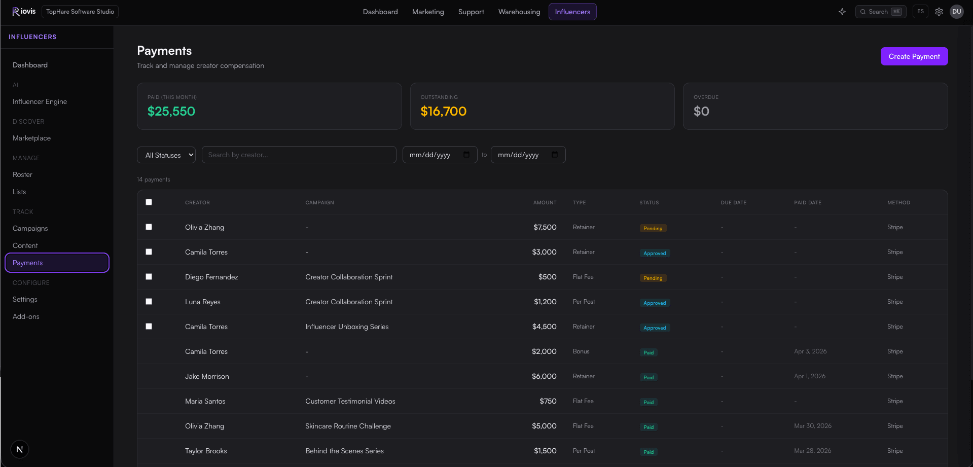 Influencers - Payment Management